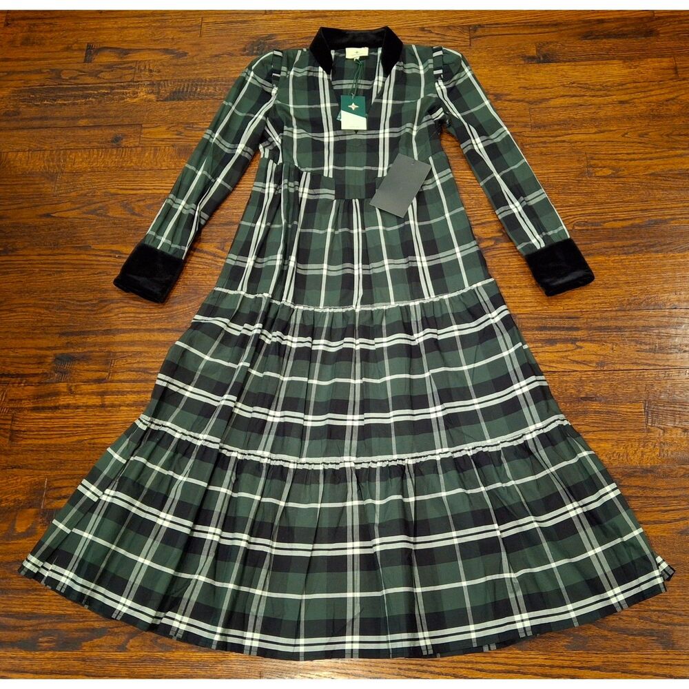 NWT Tuckernuck Tartan Bristol Green Plaid Long Sleeve Tiered Midi Dress Women XS